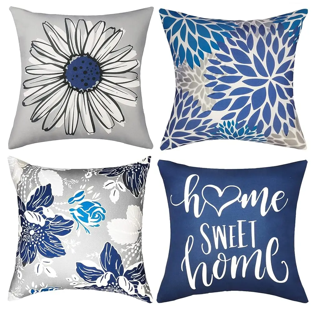 

Decorative Throw Pillow Covers Set Of 4 Blue Pillow Covers 18X18 H Throw Pillow Cases Linen Square Pillow Case,Farmhouse