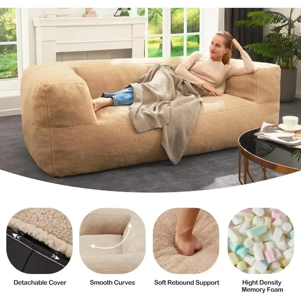 Bean Bag Chair Sofa, Ultra Soy Bag Sofa, Memory Foam Padded Two-Seat Sofa with Soft Sherpa Teddy Bear Cover and Wide Armrests