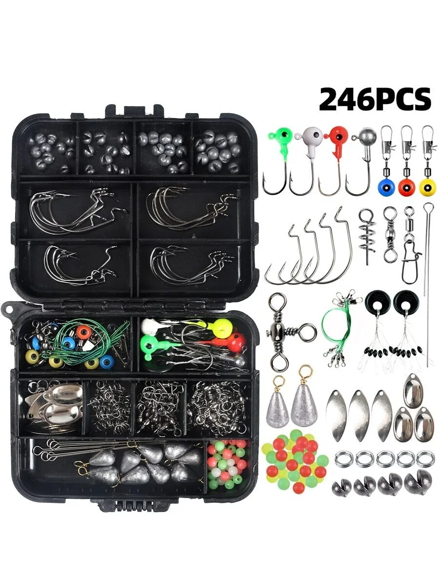 246pcs Fishing Accessories Kit, Including , Sinkers, Lures, Fish Stringer, Swivels, Crank , Night Luminous Beads, Etc.