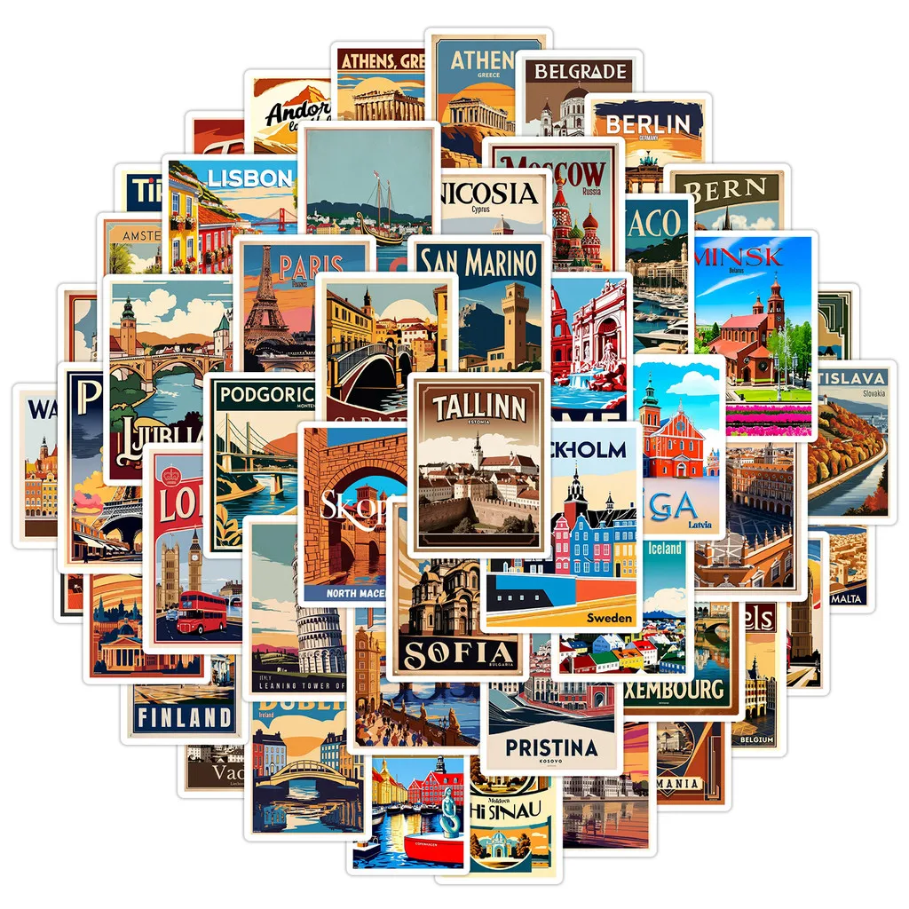 50PCS European Travel Series Graffiti Stickers - Waterproof Decor for Water Cup, Phone & Computer AnimeWorlds Store