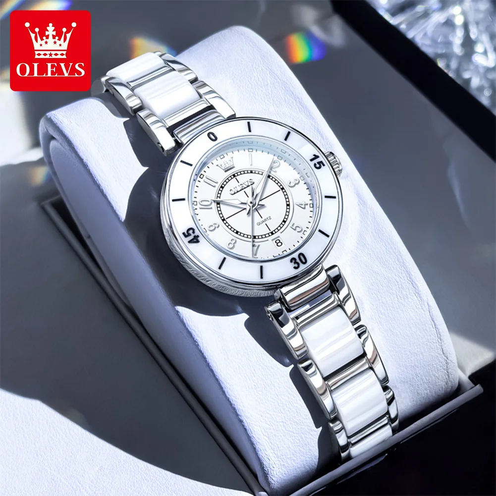 

OLEVS Роскошные кварцевые часы для женщин, модные простые керамические ремешки, женские наручные часы, водонепроницаемые светящиеся женские наручные часы