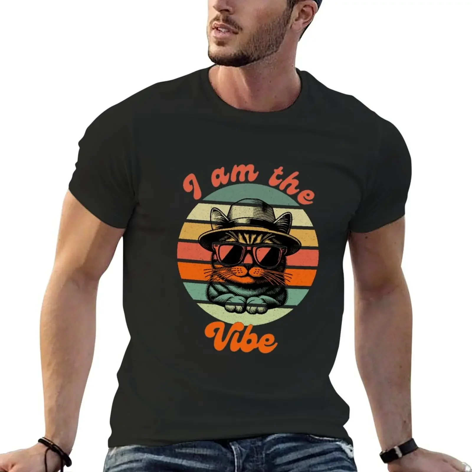 

I Am The Vibe - a Happy Cool Cat in Sunglasses Retro Sunset T-Shirt summer tops rapper graphic tees t shirts for men cotton