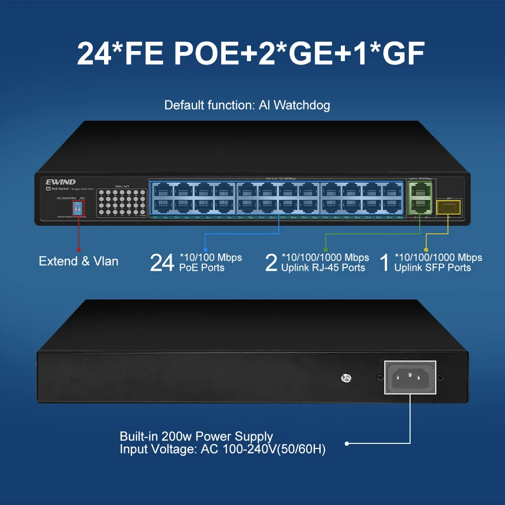 

AI Smart 24 Ports POE Switch 2 Ports Gigabit RJ45 VLAN Network Switch With Uplink SFP Fiber Slot Ethernet Switch For IP Camera