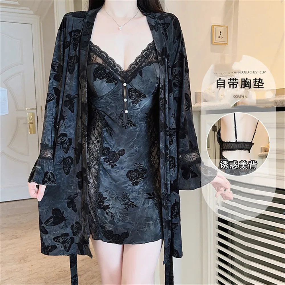 

Female 2PCS Robe Set Sleepwear Sexy Lace Patchwork Suspender Nightgown Lingerie Nightwear Home Dress