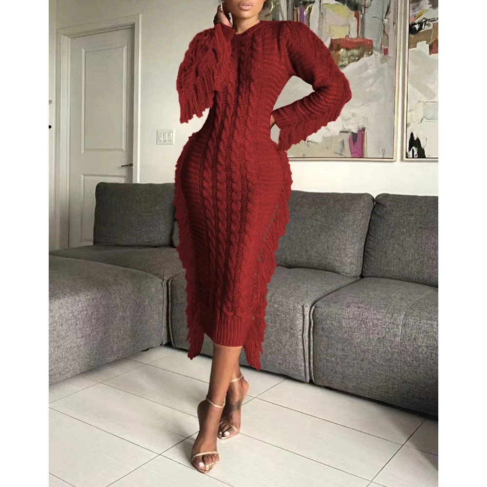 Autumn Women Round Neck Tassel Lantern Sleeve Knitted Dress Fashion Casual Twist Rope Long Sleeve Sweater Dress