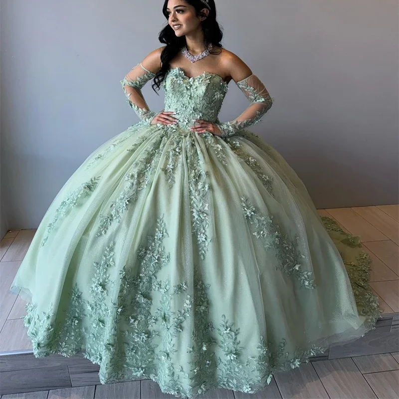 Зеленое мексиканское платье Quinceanera ANGELSBRIDEP, прозрачное милое платье с длинным рукавом 15 16, платья 15 лет, аппликация, платье для торжества на день рождения