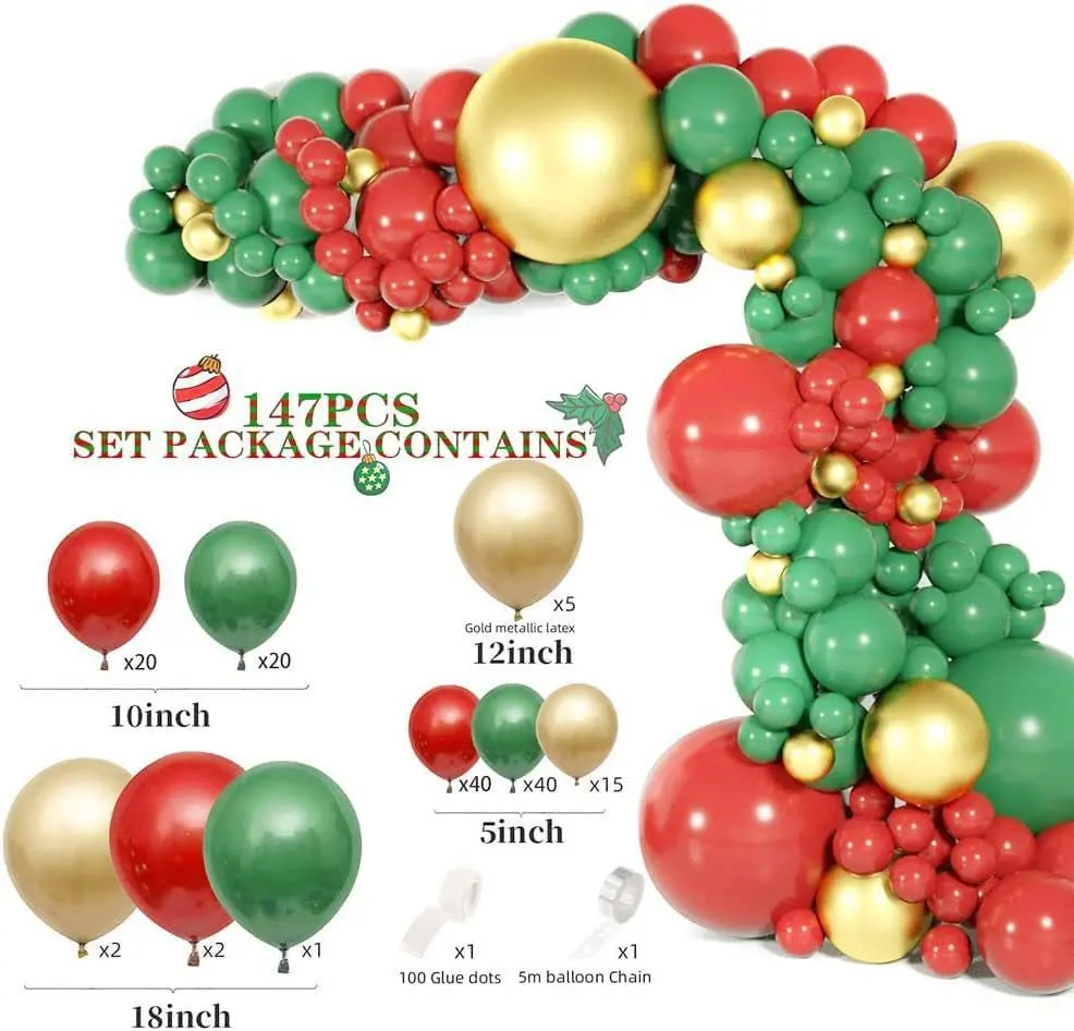 147pcs/Set Christmas Balloons Garland Arch Kit Red Green Gold Ballon Christmas Decoration New Year 2023 Gifts Kids Toy