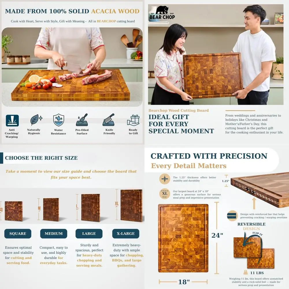 

Очень большая разделочная доска из дерева акации, 24x18x1,25, усиленная для защиты от трещин/крапа, с пазом для сока и ручкой, идеально подходит