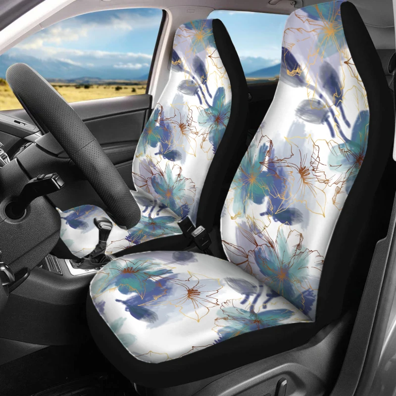 Set Of 2 Front Seat Covers Designed For Cars, Featuring A Stylish Floral Pattern With Blue And Golden Highlights. These Breathab
