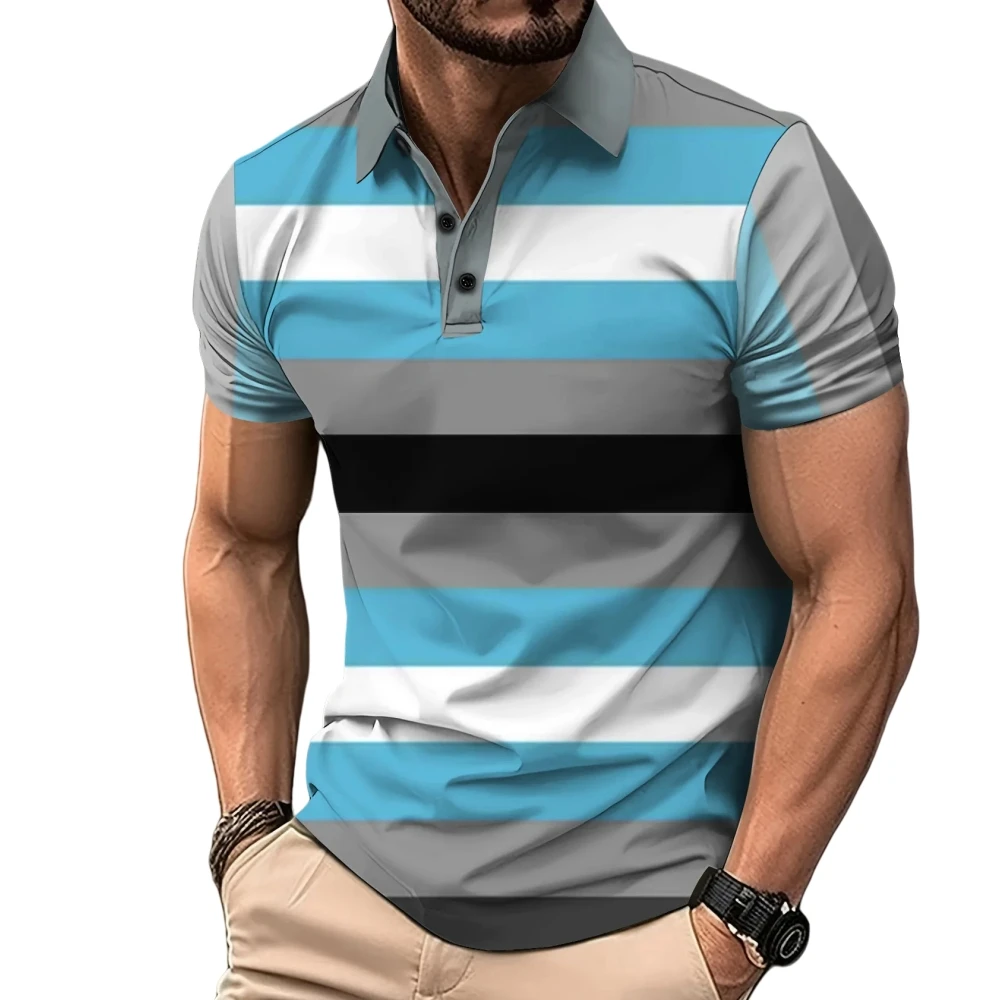 

New Striped Polo Shirt for Men Short Sleeve Men's Clothing Summer Outdoor 3D Printing Top Golf Clothing Fashion T-Shirts for Men