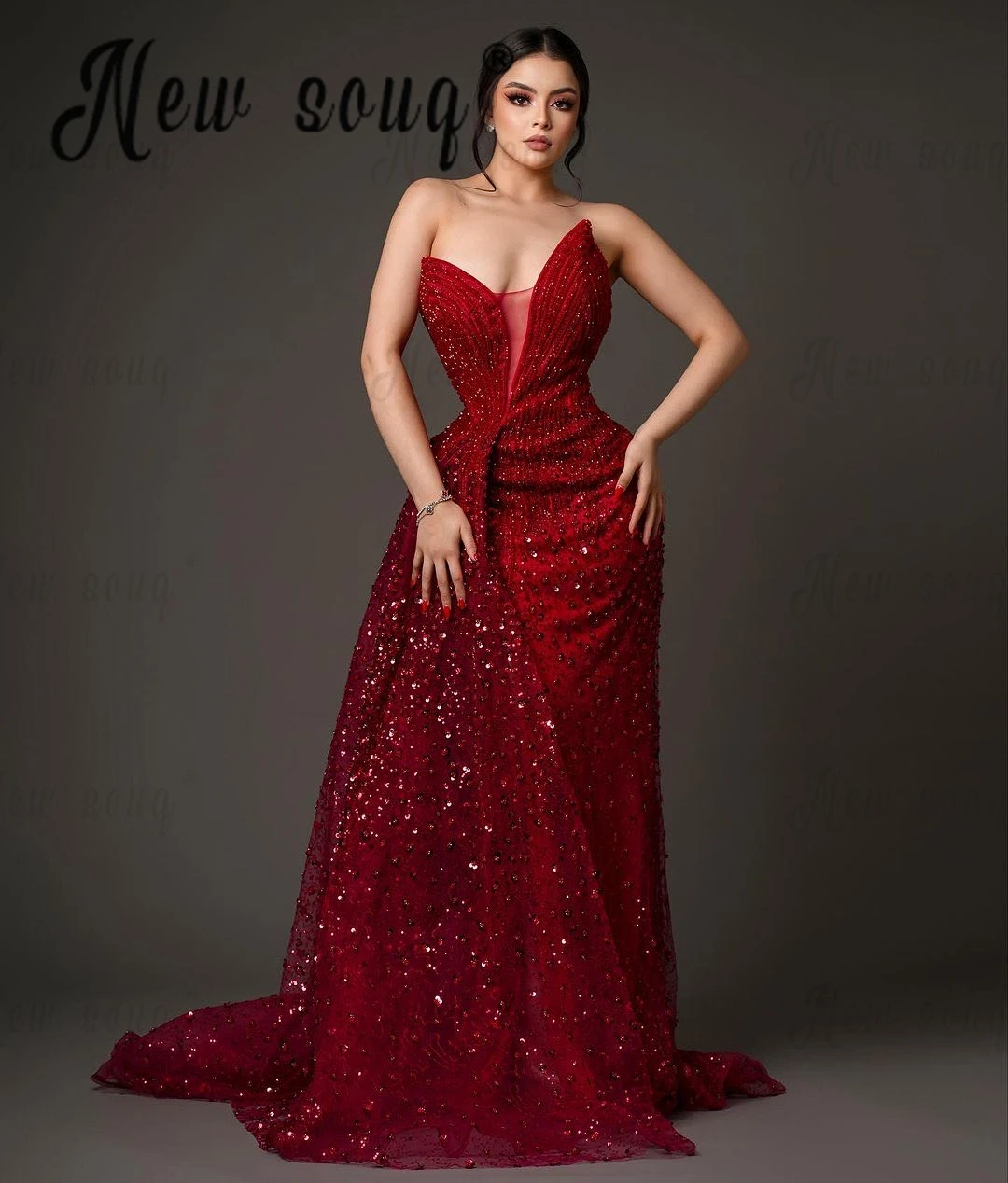 

Glitter Sequins Red Long Dress 2024 Luxury Women Wedding Party Gowns With Side Overskirt Elegant Slim Bead Prom Dresses