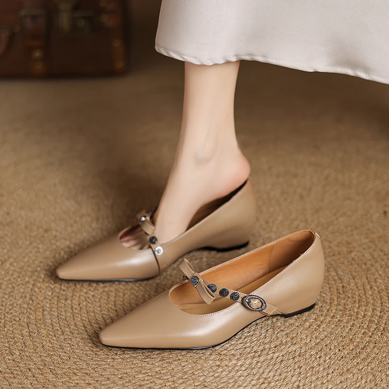 2026 new spring summer women pumps natural leather 22-25.5cm cowhide+sheepskin+pigskin pointed toe buckle mary janes women shoes