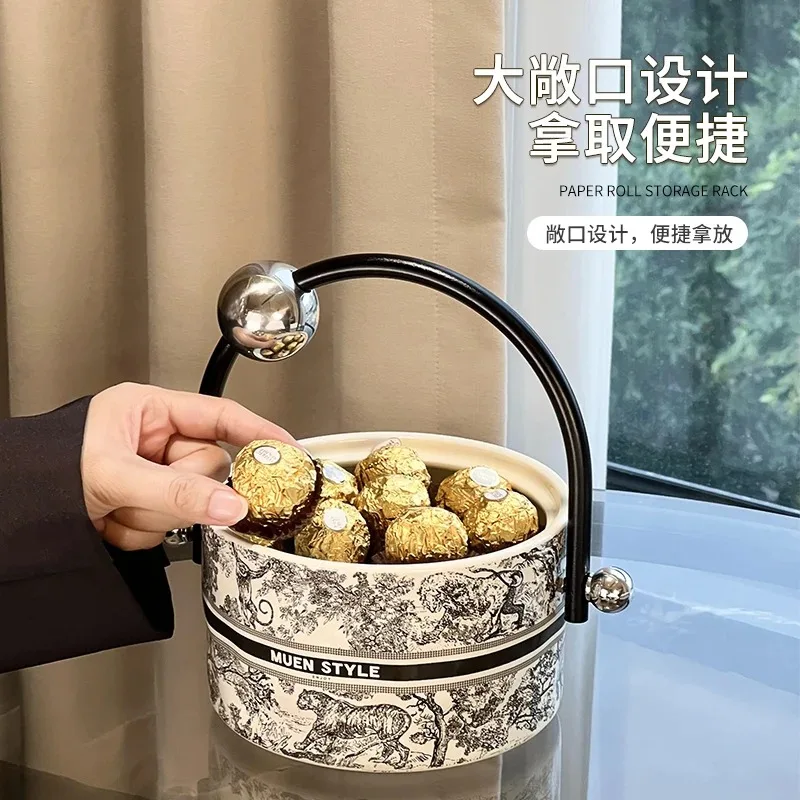 

Zunmousi Ceramic Handheld Fruit Basket Living Room Tea Table Snack Tray Large Capacity Candy and Dried Fruit Storage Basket