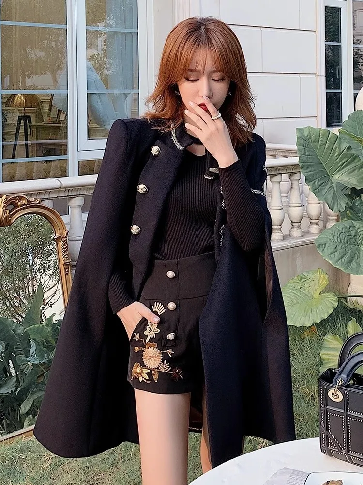 British Style Women Long Woolen Blends Coat Stand Collar Chain Cloak Jacket Vintage Embroidery Loose Fit Mantle Outwear Cape