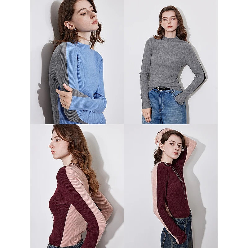 TOYOUTH Sweater rajut wanita, atasan Sweater Pullover sambungan kontras kerah Turtleneck baru musim gugur dan musim dingin 2024