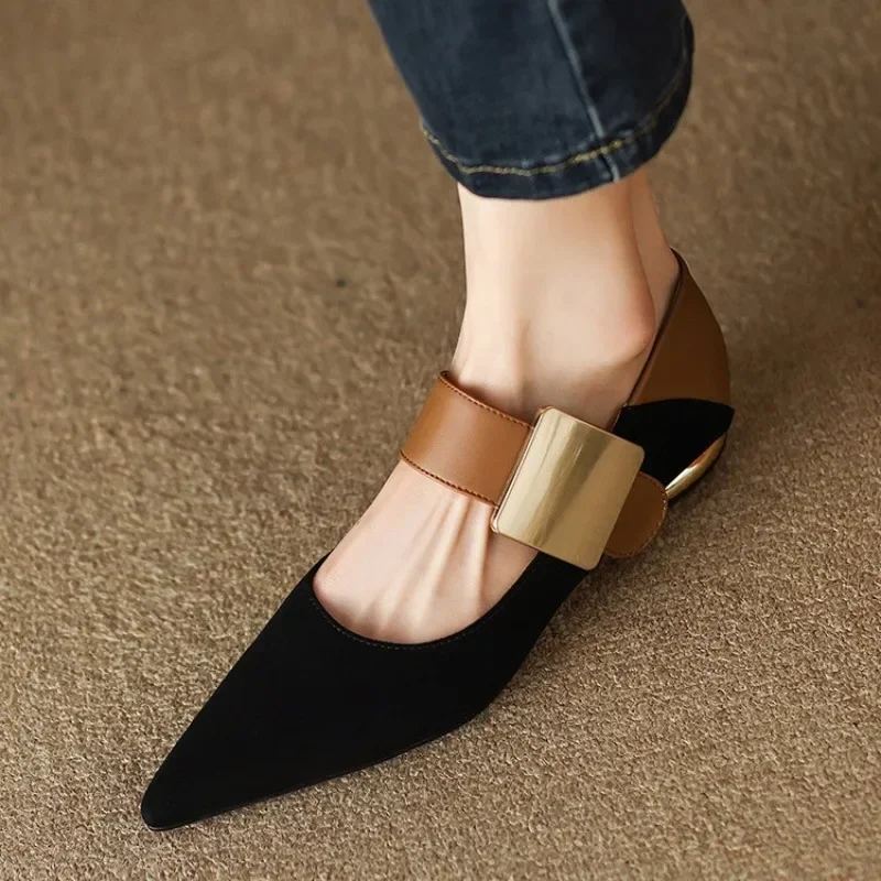 

New Spring Women Nature Suede High Thick Heels SmallHut Black Apricot Square Toe Pumps Elegant Lady Metal Decoration Shoes