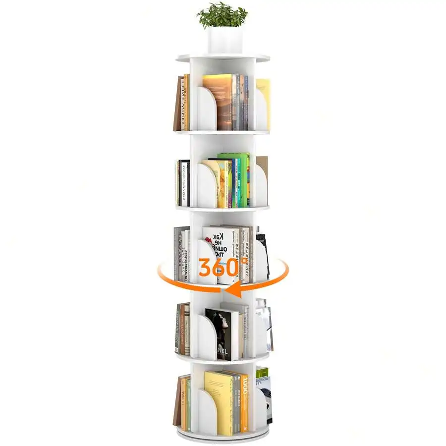 5-Tier Rotating Bookshelf, 360 °     Spinning Vertical Book Tower Organizer, Tall Lazy Susan Corner Bookcase For Adults, Space-Saving Round Storage Shelf For Living Room, Office, Or Study