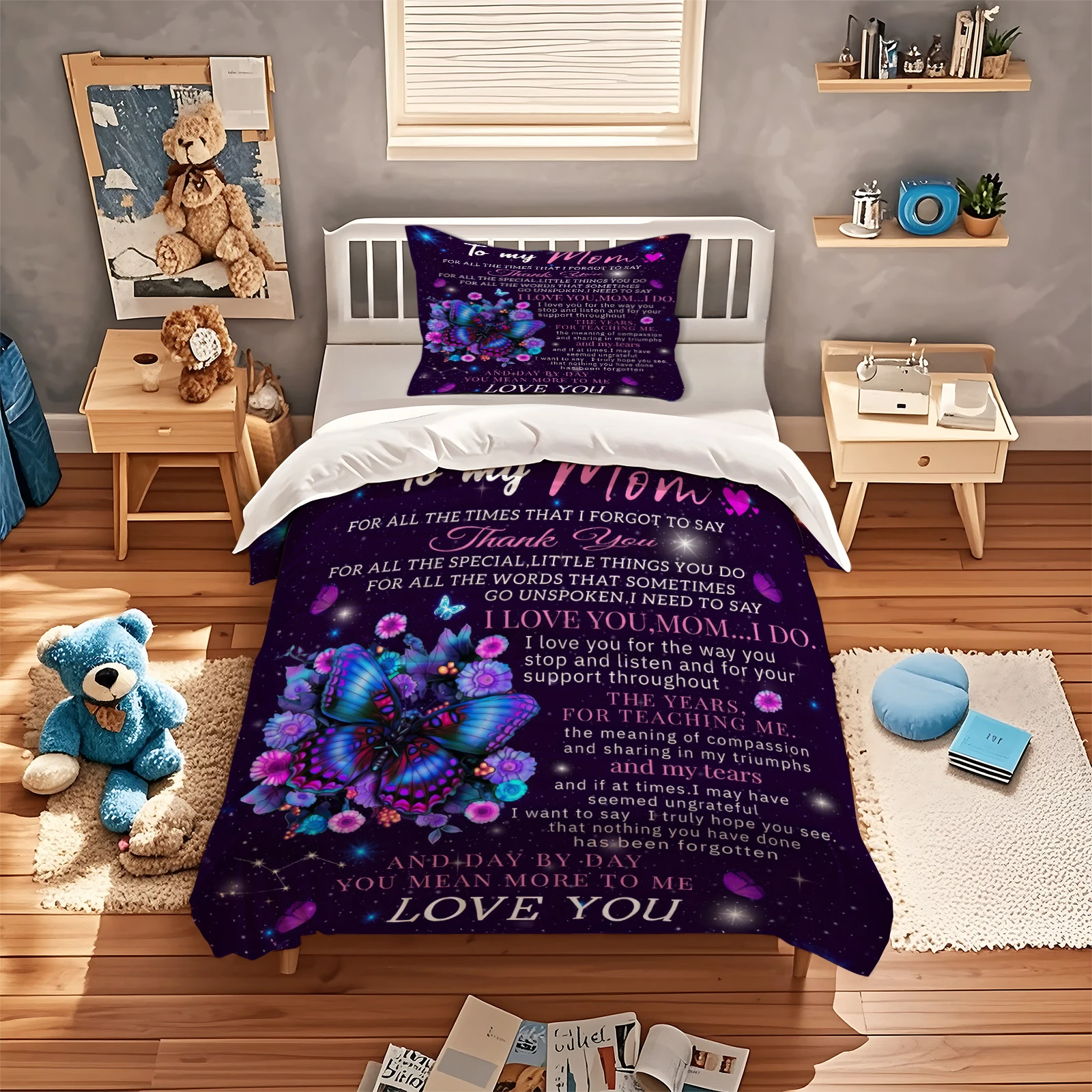 To My Mom Butterfly Purple Galaxy Duvet Cover Set Love Letter Quote Bedding Set Soft Polyester Quilt Cover Pillowcase Mom Gift
