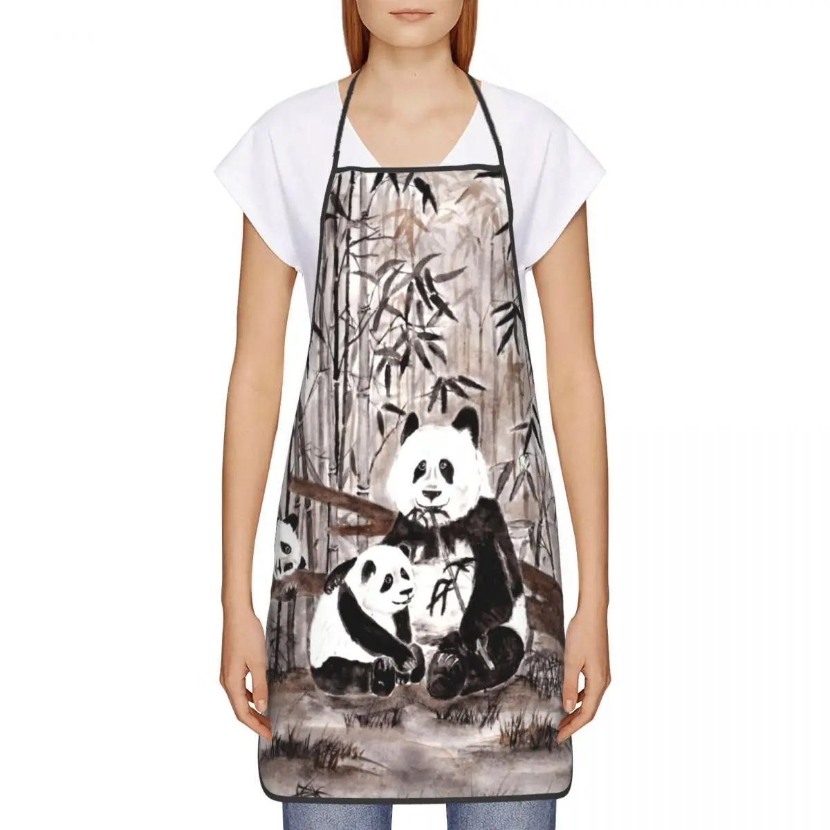 Unisex Cute Chinese Painting Panda Bear Kitchen Chef Cooking Baking Apron Women Men Animal Tablier Cuisine for Gardening