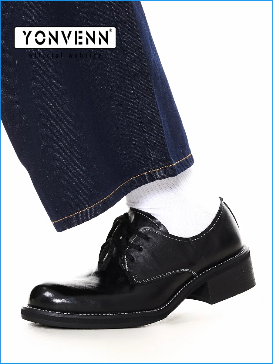 Small niche yuppie style leading layer cowhide round toe leather shoes men's trendy dark avant-garde thick soled derby shoes