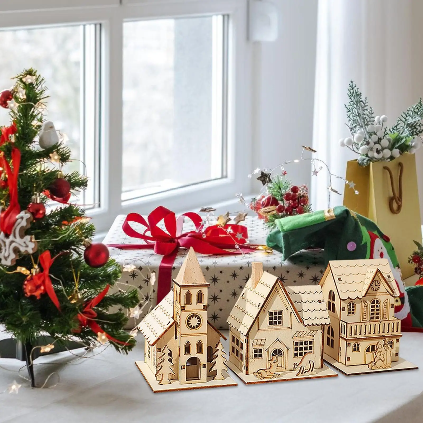 LED Wooden Christmas House Village Decorations Unfinished Wood Xmas House DIY Ornaments for Festive Home Decor Christmas