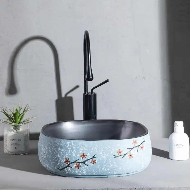 

Vintage style blue black eco-friendly ceramic countertop basin, hand-painted plum blossom pattern ceramic art washbasin YX822LK