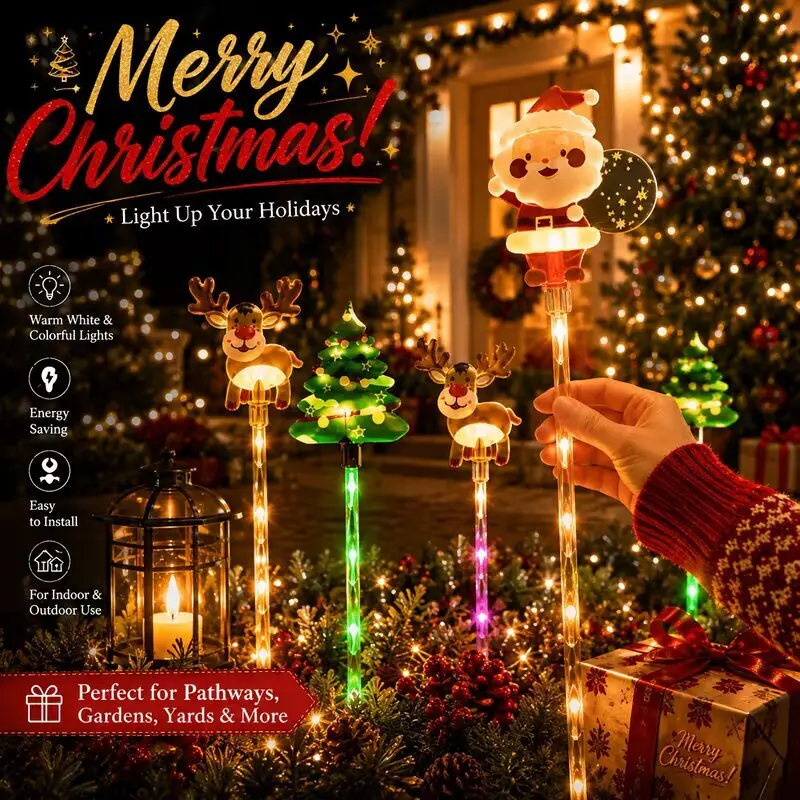 Solar Christmas LED Path Lights Santa Reindeer Xmas Tree Stake Lights Outdoor Waterproof 8 Modes Garden Lawn Patio Holiday Decor