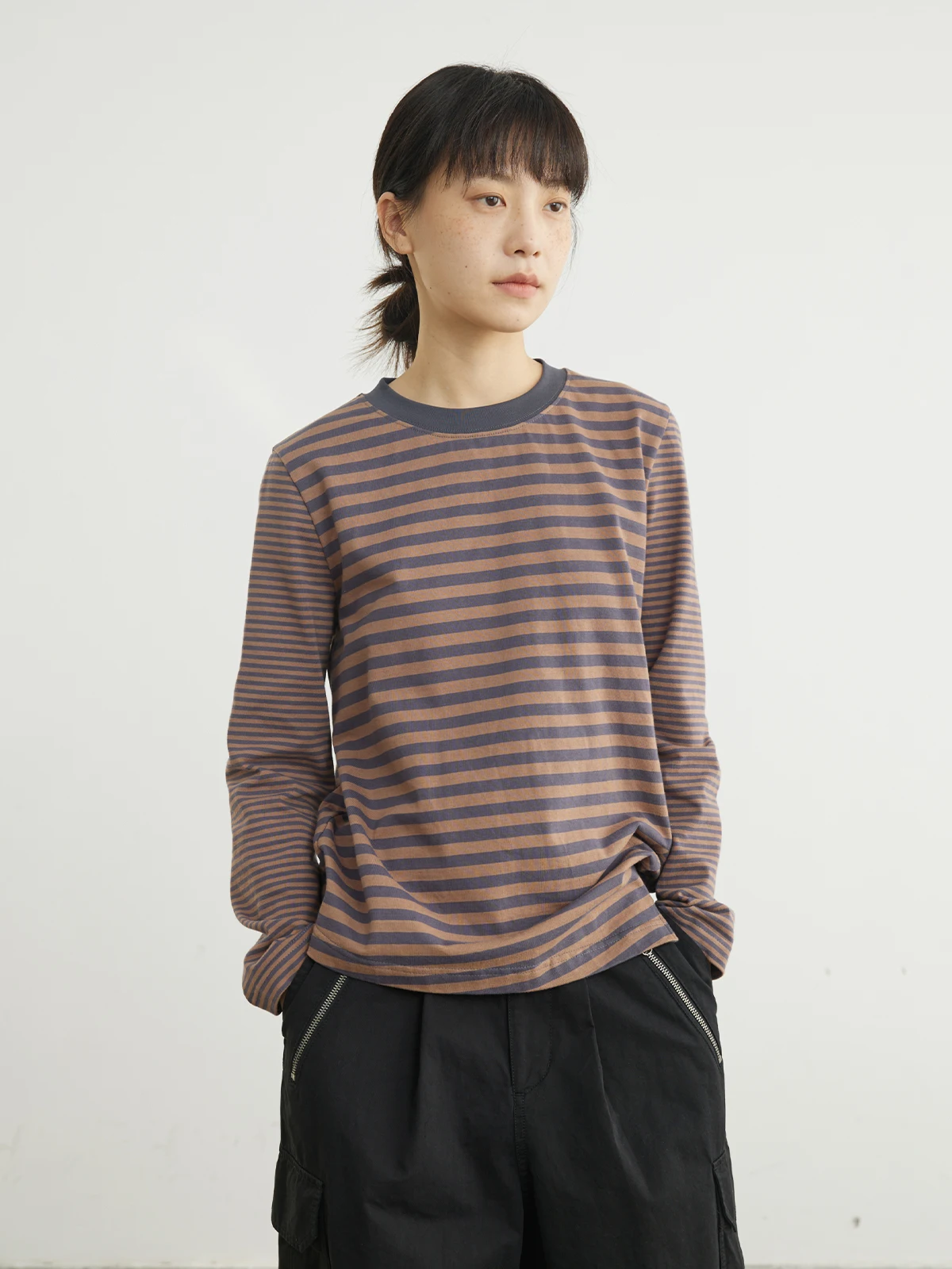 

Casual Striped Patchwork round Ne T-irt Women's Loose Fit Long Sve Breathable Spring Cotton Top Still Walking