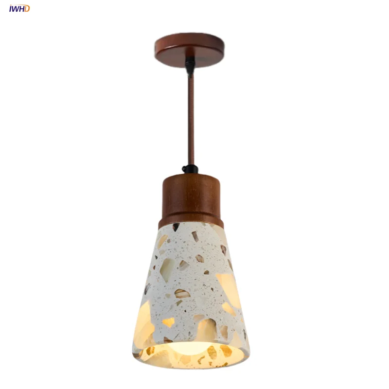 

IWHD Terrazzo Stone LED Pendant Lights Hallway Coffee Living Room Lighting Home Decor Brown Wood Wabi Sabi Hang Lamp Hanglampen