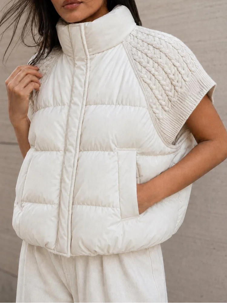 Damen Gestrickte Patchwork-Weste mit Stehkragen, Ärmellos, Reißverschluss, Kurz Geschnitten, Locker Sitzend, für Layering, Oberbekleidung 2026, Warme Winterjacke für Damen – Detail 12