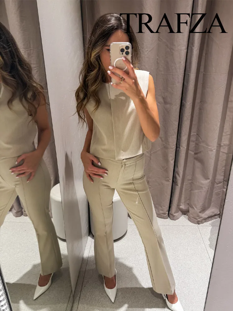 

TRAFZA Women Pants Suit Fashion Single-Breasted Sleeveless O-Collar Vest Top+Casual Chic High Waist Zipper Long Pant 2 Piece Set