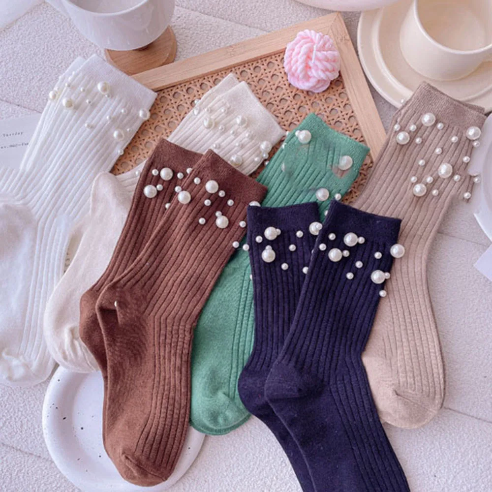 Personalized Beaded Socks Cotton Stacked Socks Pearl Decoration Fashion Simple Hosiery Solid Color Casual Hosiery Mid-tube