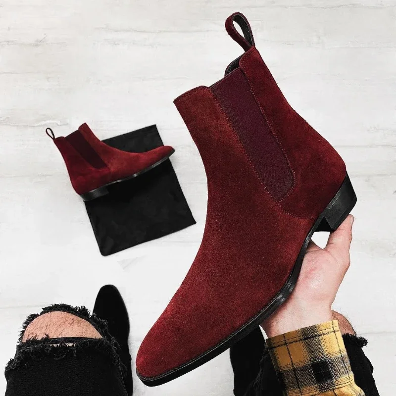New Chelsea Boots for Men Business Flock Round Toe Slip-On Solid Men\'s Formal Boots Size 38-48 Mens Boots