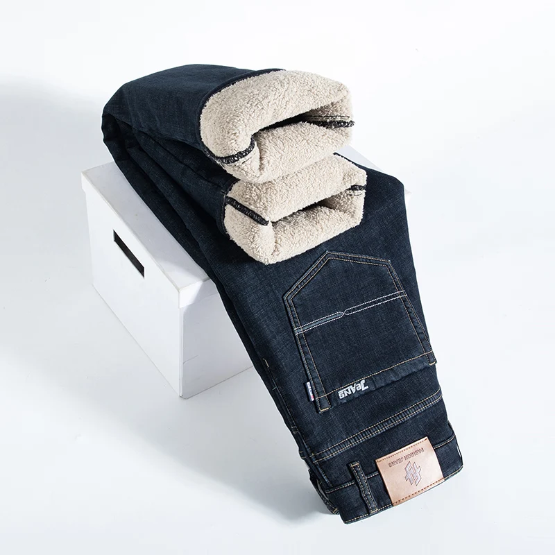 Soft Comfort Thicken Elastic Jeans Male Winter Warm Fleece Work Trousers Men Plush Wool Stretch Loose Straight Denim Pants