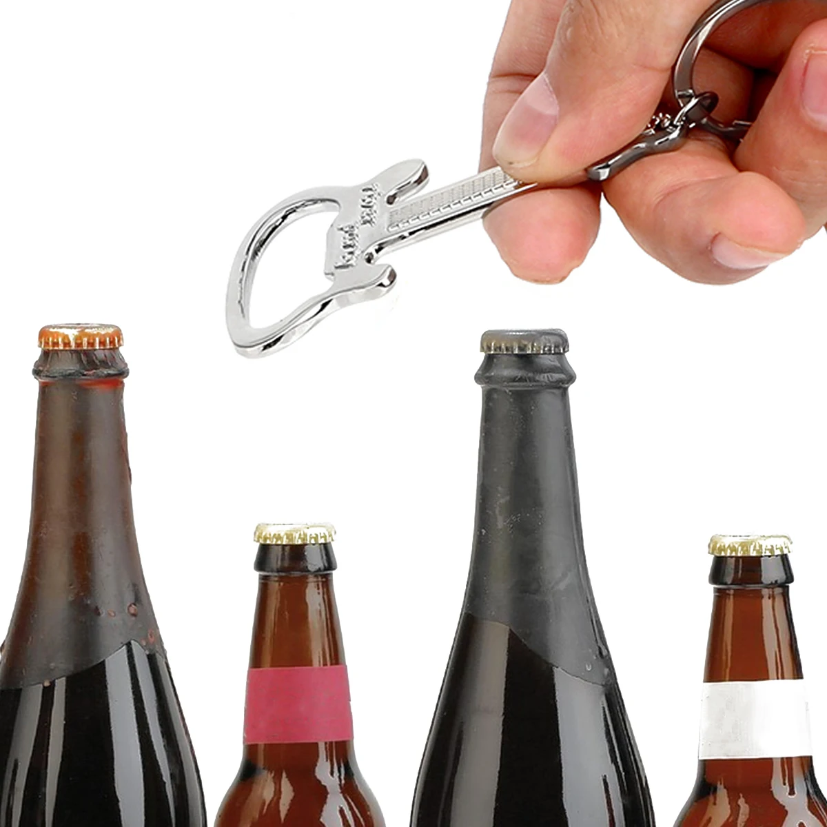 

3pcs Metal Bottle Opener Keychain Guitar Shape Creative Key Ring For Keys Organizer Portable Opening Tool Gift Silver