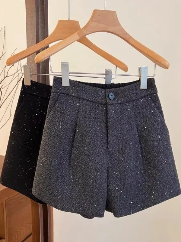 

High Waist Wide Leg Pants ey Woolen A-Line ort Pants Elastic Waist Commute Sle Korean Version Winter Season Ladies' Pants