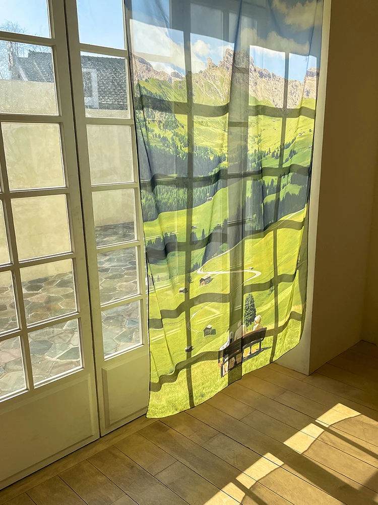 Ins Chiffon Gauze Mountain Scenery Translucent Curtains Flowing Wall Hanging Tapestry Bedroom Pine Forest Rice Fields Decoration