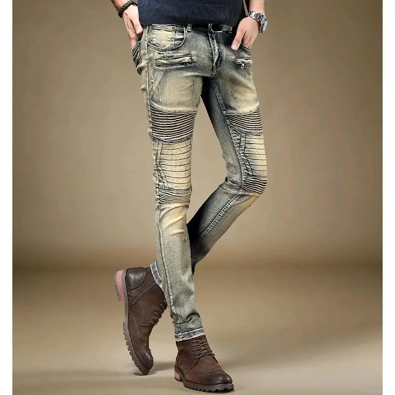 Jeans retrô de perna reta masculino, street bike, hip hop, motocicleta, casual, lavado com água, elástico, moto, calça jeans emendada, novo, 2022