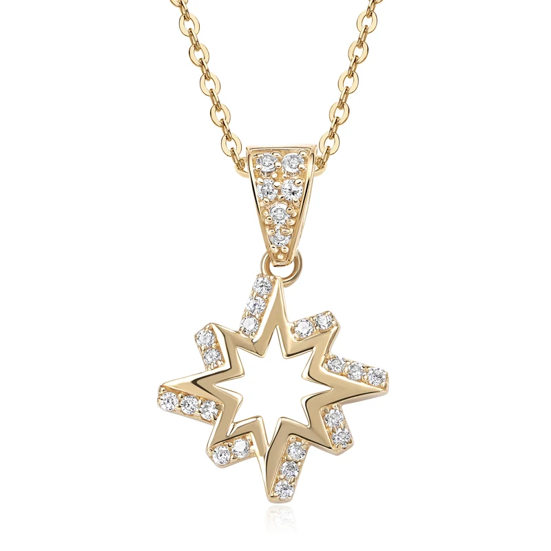 

Raprgold 14K Solid Gold Cubic Zirconia Star Pendant with 925 Silver Link Chain 20'' Star Necklace Christmas Gift