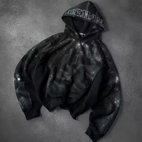 Y2k Iceman Hoodie Sparkling Rhinestone Inlay Couple Sweatshirts High Street Retro Hip Hop Streetwear Unisex Boxy Casual Hoodie