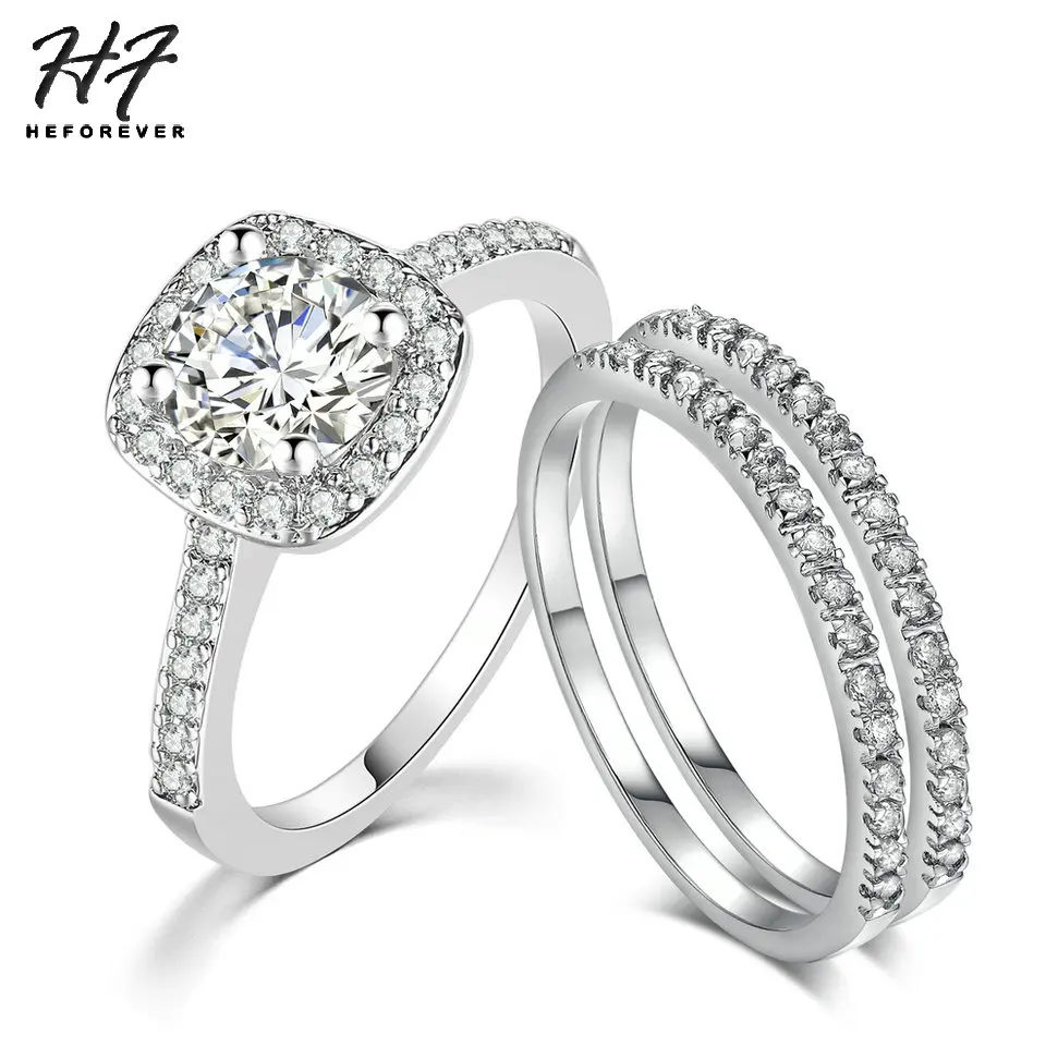 Shiny Wedding Rings Sets for Women Classic Squares Crystal Zircon Silver Color Ring for Bridal Fashion Jewelry Accessories SR531