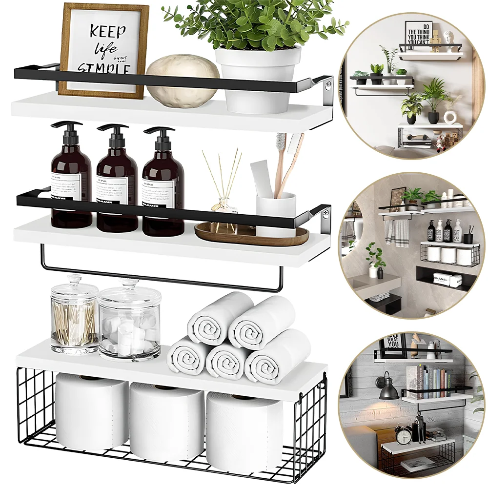 Bathroom Shelves Floating Shelves with Wire Storage Basket Bathroom Shelves Over Toilet Multifunction Shelves Kitchen Shelves