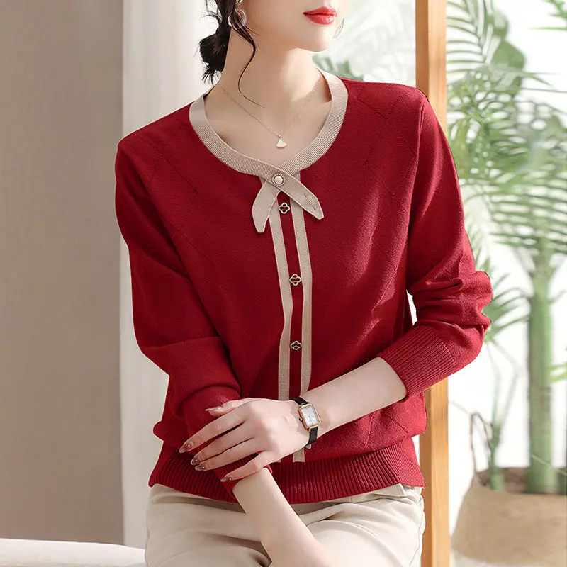 Fashion Elegant Solid Spliced Knitted Tops Autumn Winter Women's Clothing All-match Simplicity Long Sleeve Sweaters for Female