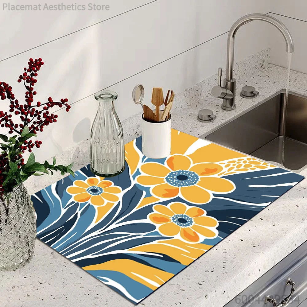 Mid Century Abstract Floral Print Super Absorbent Drying Mat Waterproof Kitchen Counter Coffee Maker Drain Pad Decor Placemat