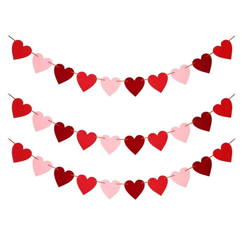 3pcs Red Hearts Felt Garland Banner Pull Flowers Valentine Wedding Birthday Party Decor Supplies Wedding Photo Props