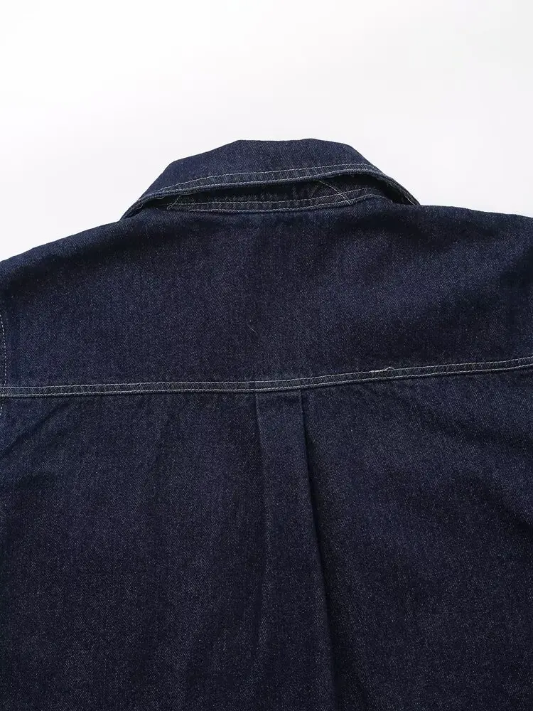 Maxdutti 2025 Summer High Street Denim Shirt Women Double Pockets V-neck Short Blouse Women Tops