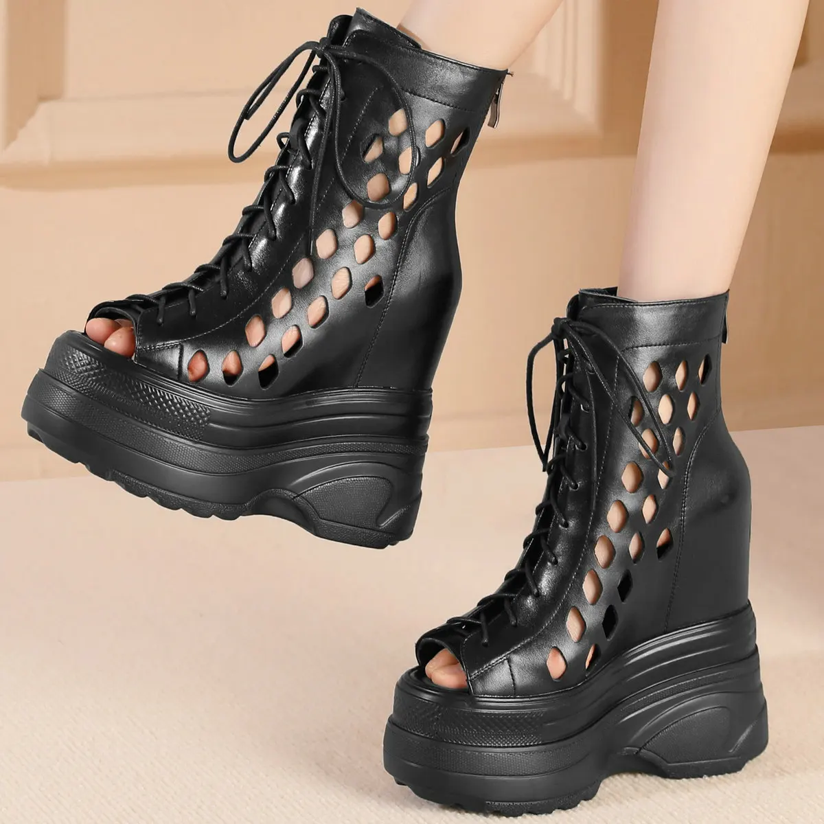 

16cm High Heel Platform Pumps Shoes Women Plus Size 45 46 47 Cow Leather Wedges Gladiator Sandals Fashion Sneaker Big Size Shoes