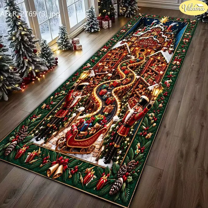 VIKAMA Santa Toy Workshop Soldier Velvet Hallway Runner Non Slip Floor Mat for Holiday Soft Cozy Aesthetic Decorative Home Decor