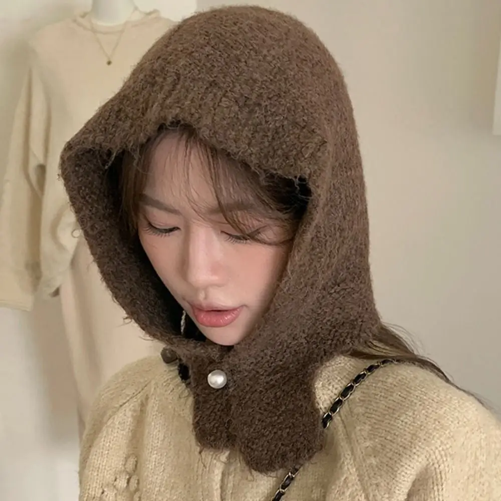 

Casual Woolen Knitted Balaclava Hat Coldproof Ear Protection Neck Collar Beanies Cap Solid Color Polyester Pullover Cap Girls