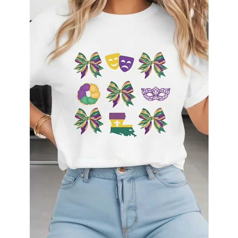 

Ladies' Short Sleeved T-shirt Carnival Bow Mask Pattern Printed Elegant, Sweet, Cute Holiday Commuter Party Home Round Neck Top